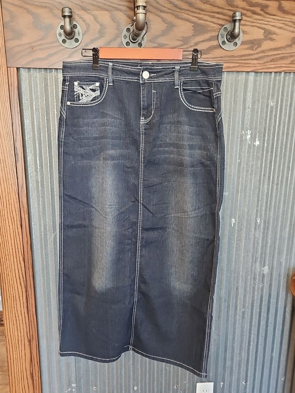Dark Blue Denim Straight Skirt with Contrast Stitching